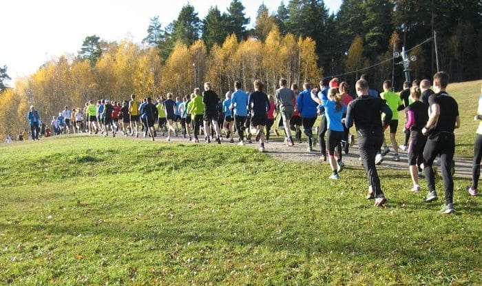 grupp med löpare springer i höstskog