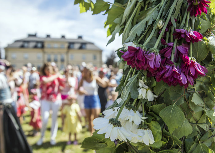 Midsommarstång i förgrunden med dansande människor bakom